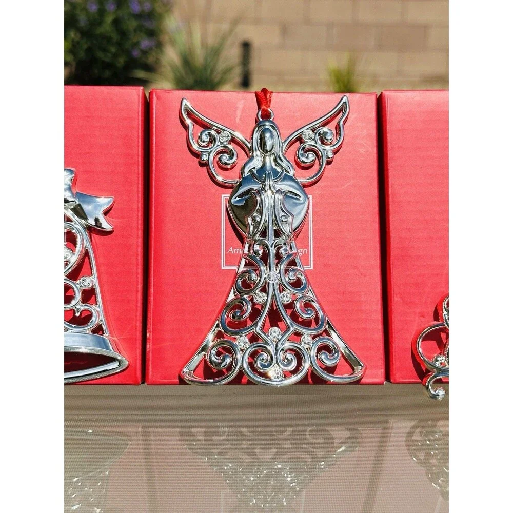 Lot of 5 LENOX Sparkle and Scroll Clear Crystal Silverplate Christmas Ornaments
